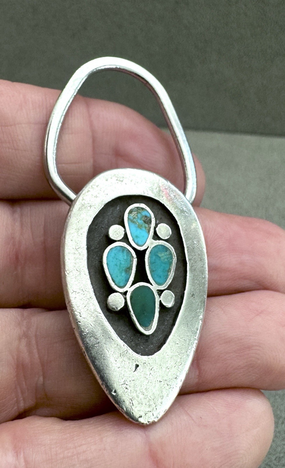 Vintage Navajo STERLING Silver Turquoise Shadowbox KEY RING Southwestern 2.25″