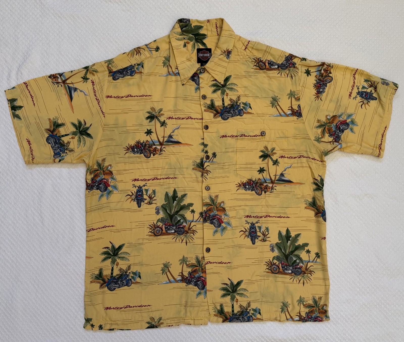 Harley Davidson Tori Richard Hawaiian Shirt Mens Yellow Motorcycle Print XL