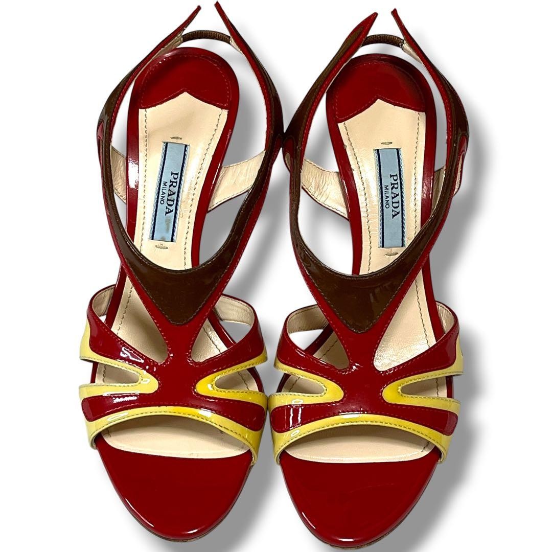PRADA Patent Leather Heeled Sandals 22.5cm Red Yellow Italy