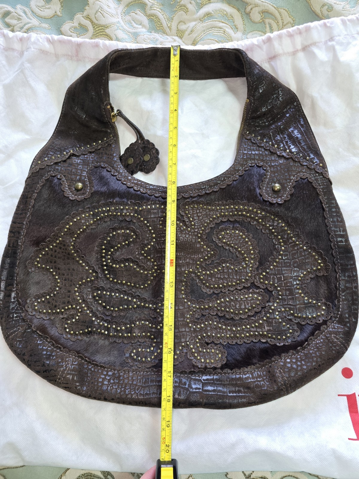 Isabella Fiore NWT, Brown Leather/Calf Hair Studded Hobo Bag, Aldic Ging RARE