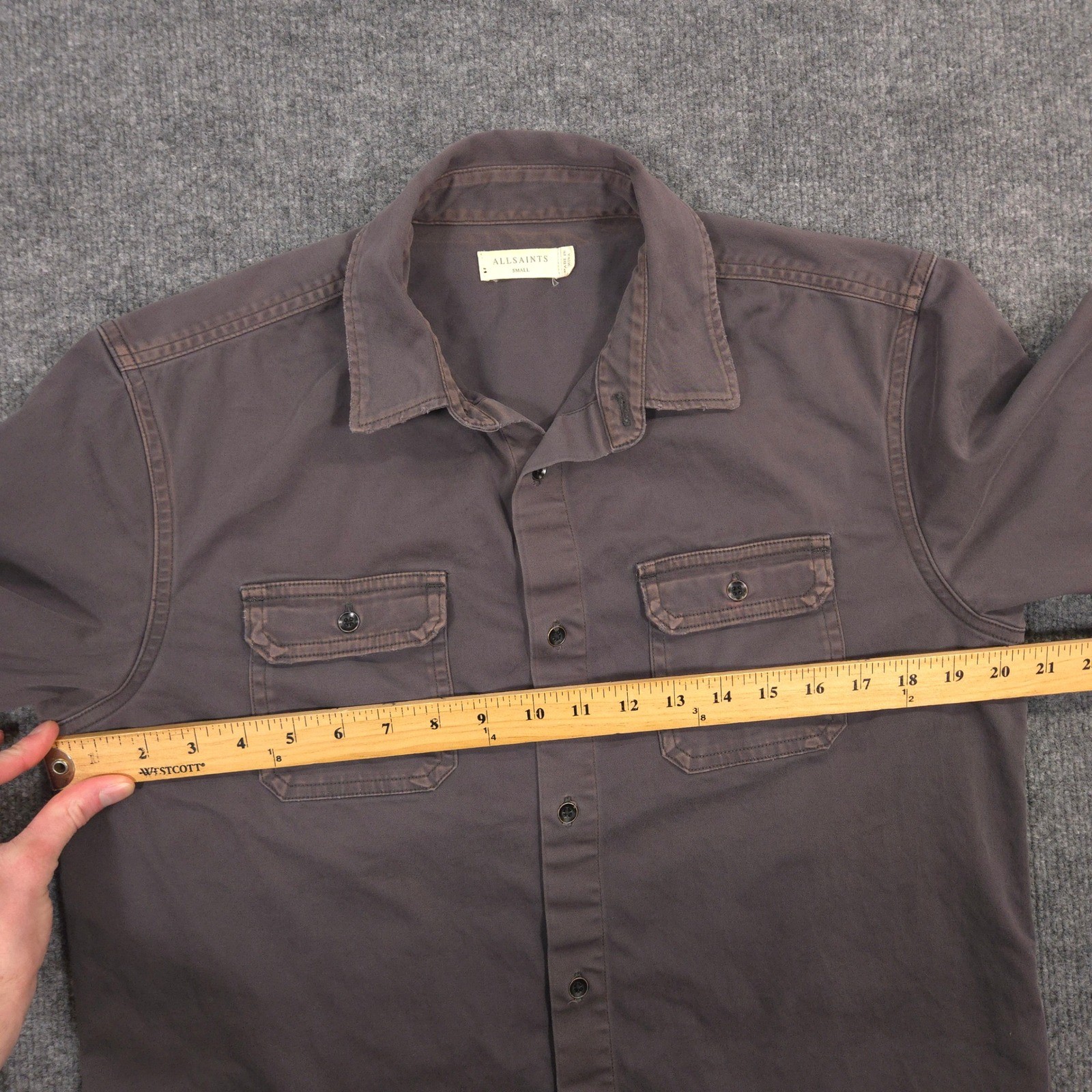 AllSaints Bryant Work Shirt Mens Small Gray Garment Washed Utility Flap Pockets