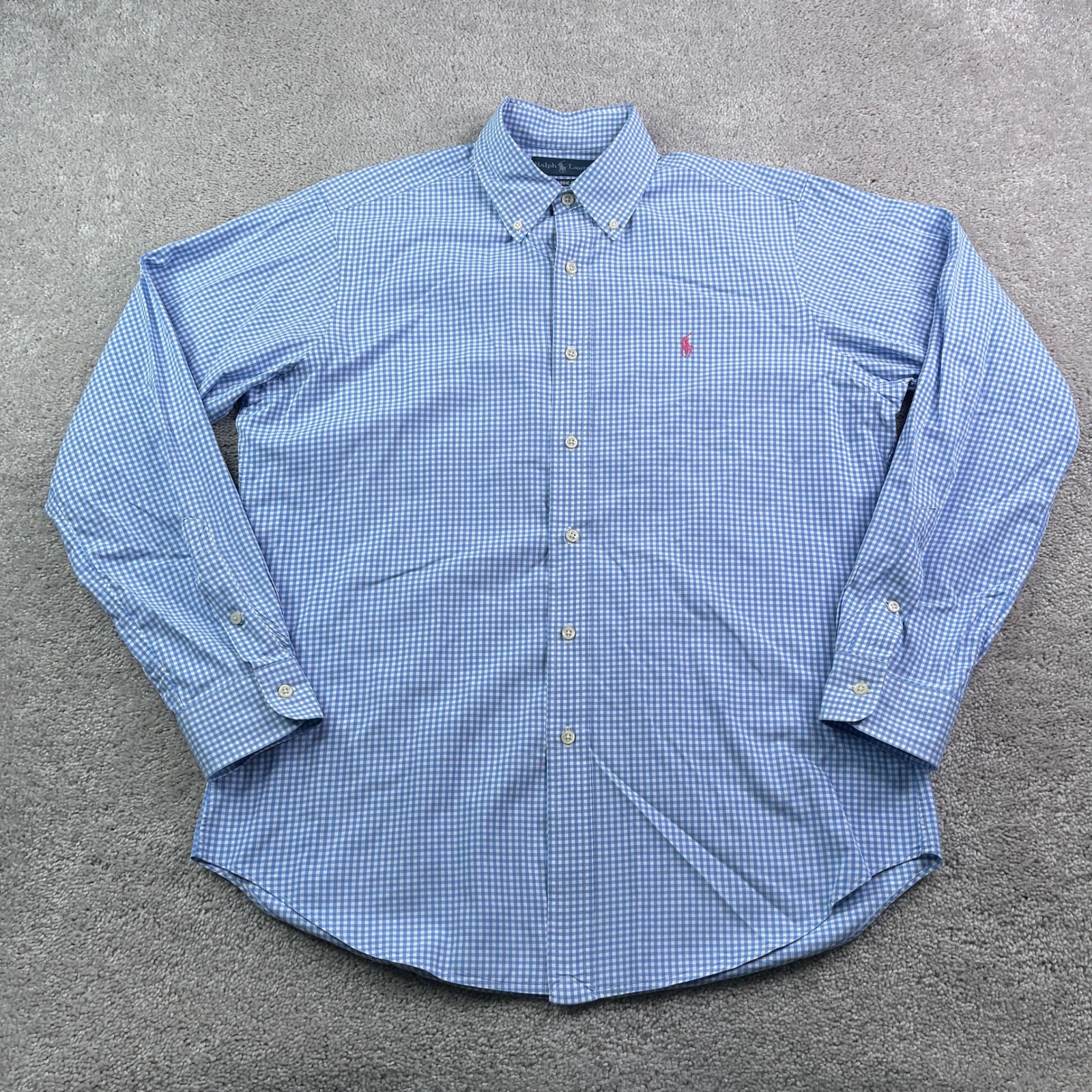 Ralph Lauren Shirt Mens Medium Blue Gingham Classic Fit Button Down Pony Logo