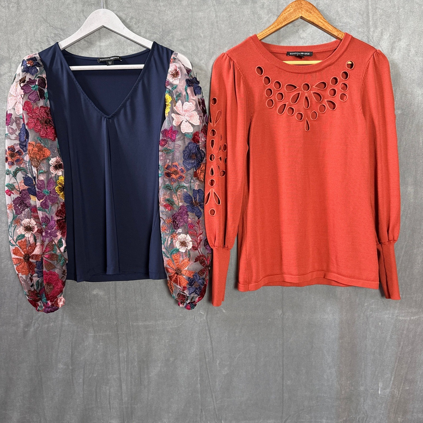 Boston Proper Bundle 2 Tops S Navy Floral Embroidered Balloon Orange Cutout