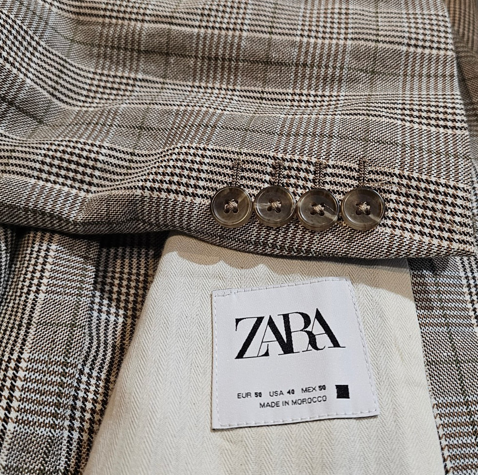 Zara Cotton Linen Dual Vent Unconstructed Brown Plaid Sport Jacket Blazer 40R