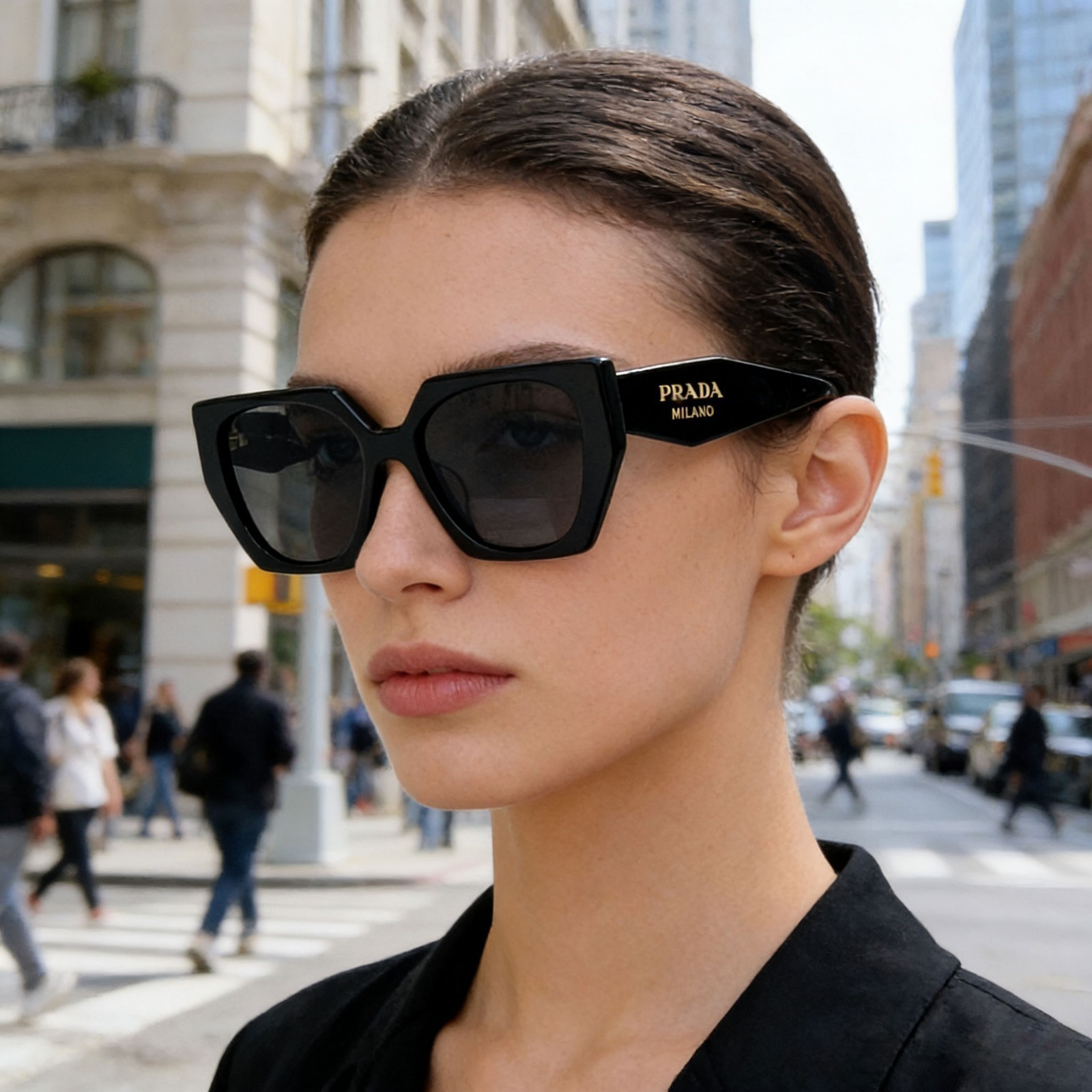 Prada PR 15WS Sunglasses Authentic Women Black Green Square UV400 Shades w/ Box