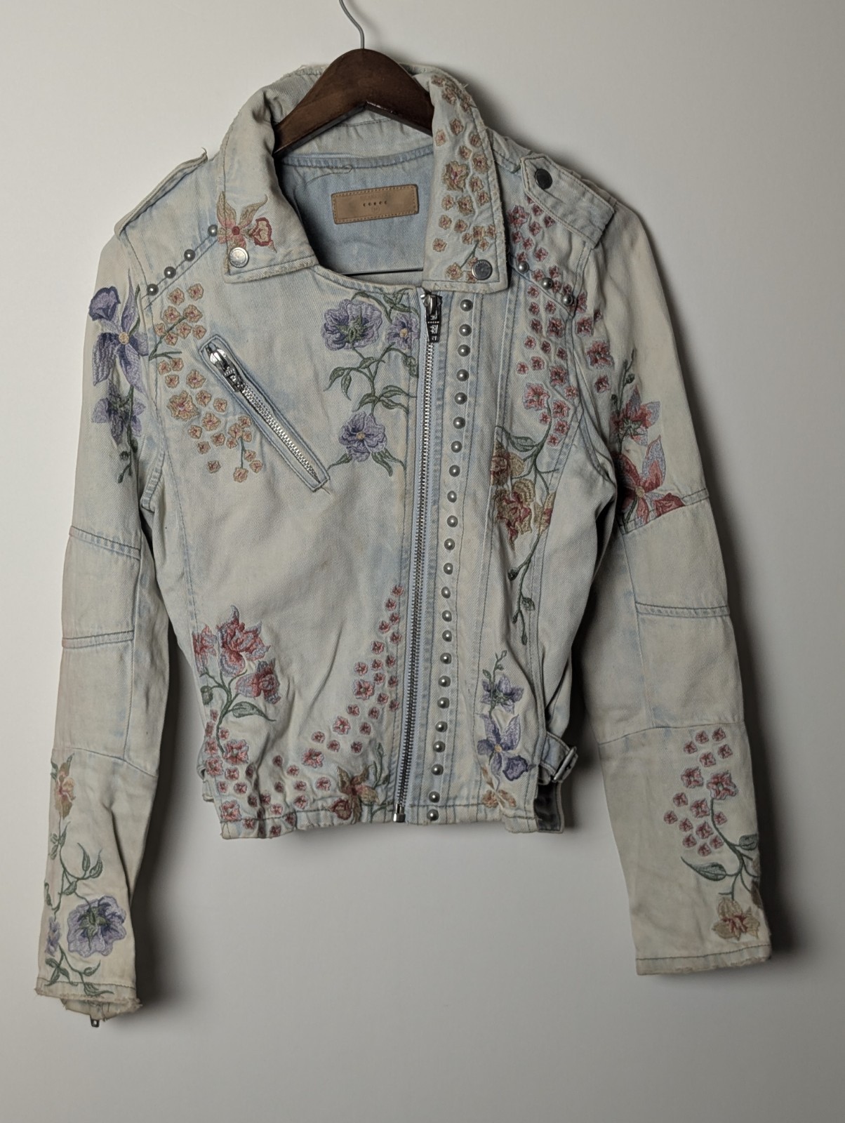 BlankNYC Floral Embroidered Studded Denim Moto Jacket Women’s M 18×27