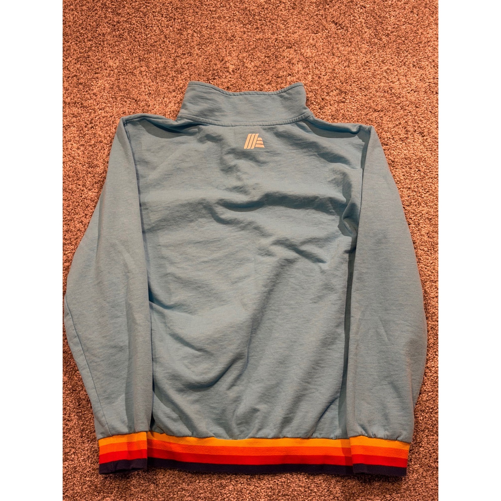 ALDI Sweatshirt Mens Medium Blue Rainbow Striped Snap Neck Pullovert Employee *
