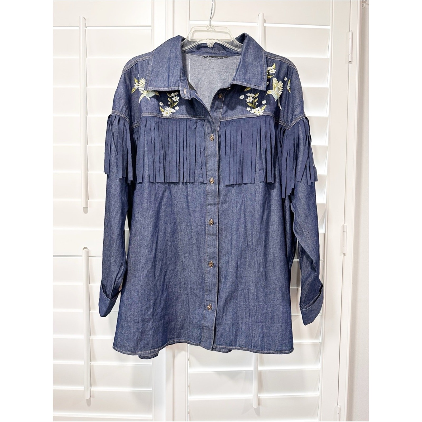 Embroidered Denim Fringe Button Up Shirt Cotton Floral Bird Western Boho Ranch