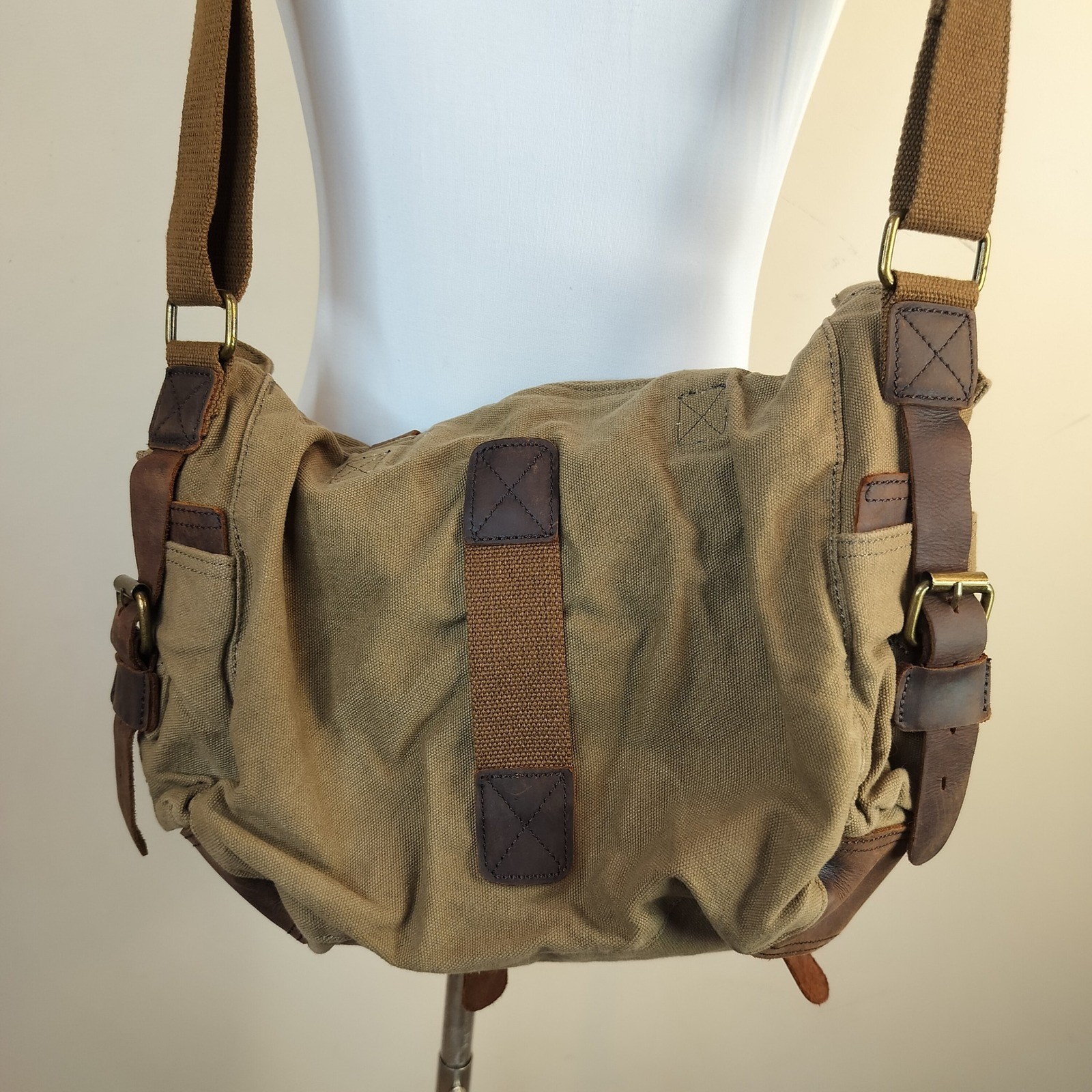Muchuan Canvas & Leather Messenger Crossbody Bag Unisex Utility Gorpcore Rugged