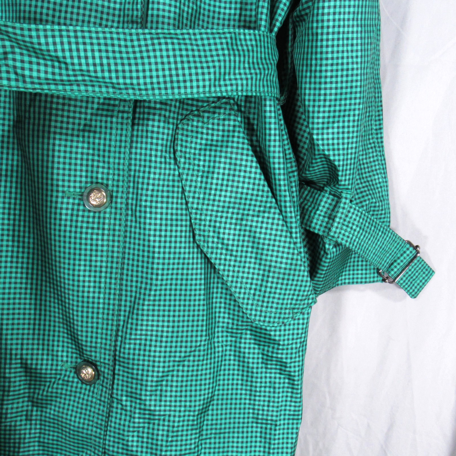 VTG LONDON FOG Petite GREEN/BLACK MICRO CHECKS Buttons w/Belt TRENCH COAT Sz 4P