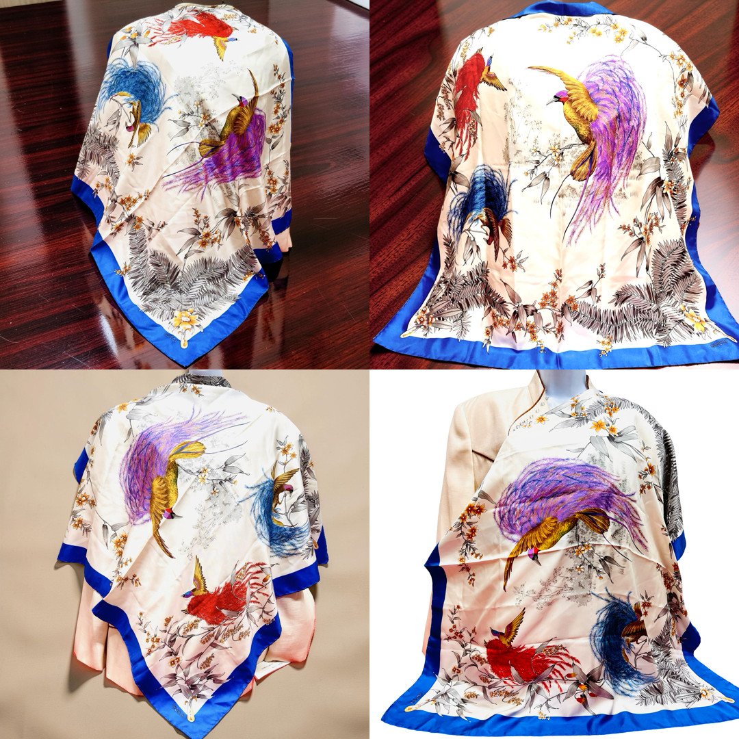 Beautiful Birds Paradise Gucci 100% Silk Satin Scarf 34″ Ivery Blue (45)