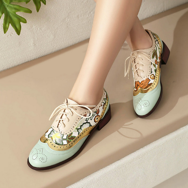 Women’s Ethnic Oxfords Colorblock Patchwork Shoes Floral Two Tone Low Heel Pumps