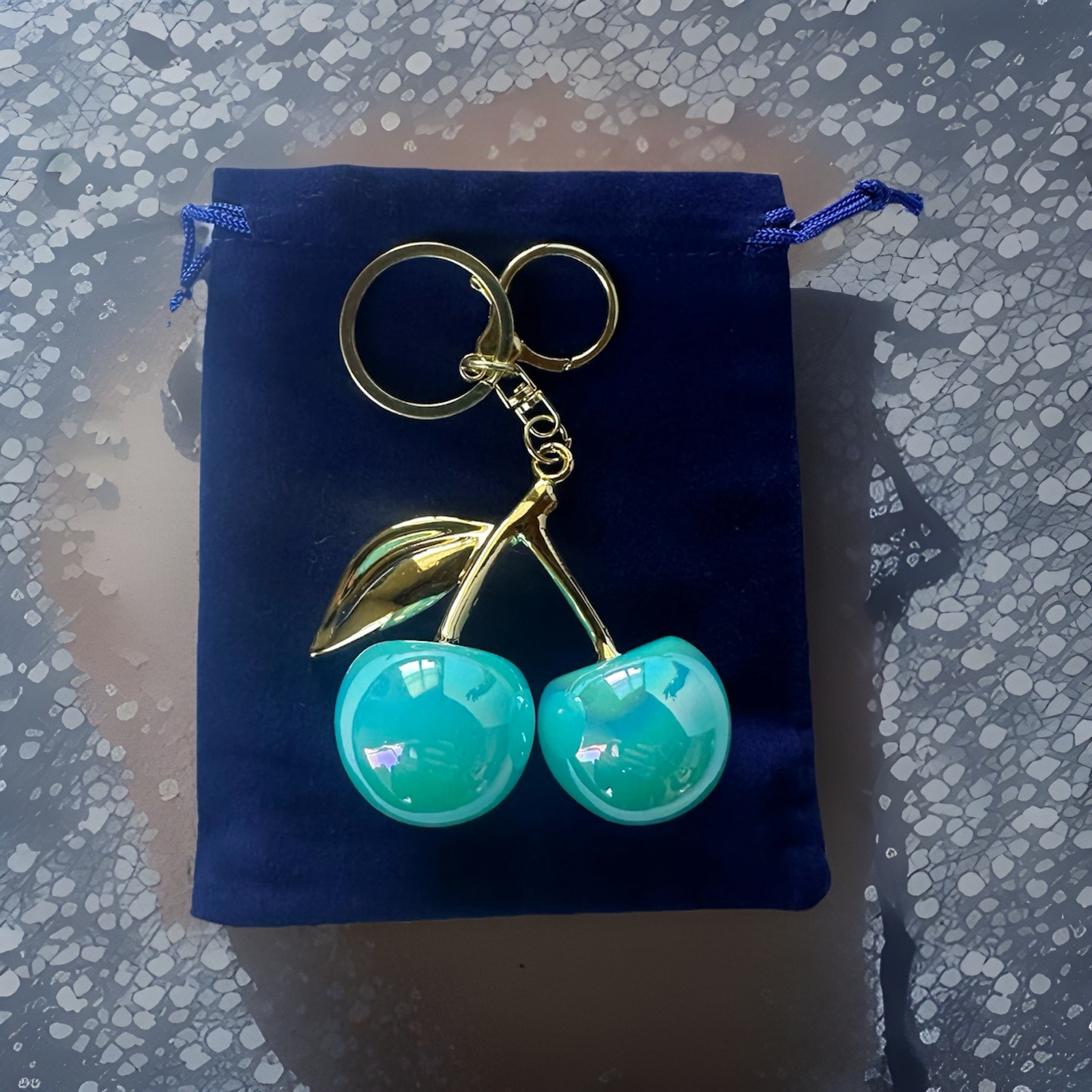 Iridescent Gloss Mirrored Cherry Bag Charms Keychain Gold + Velvet Dustbag