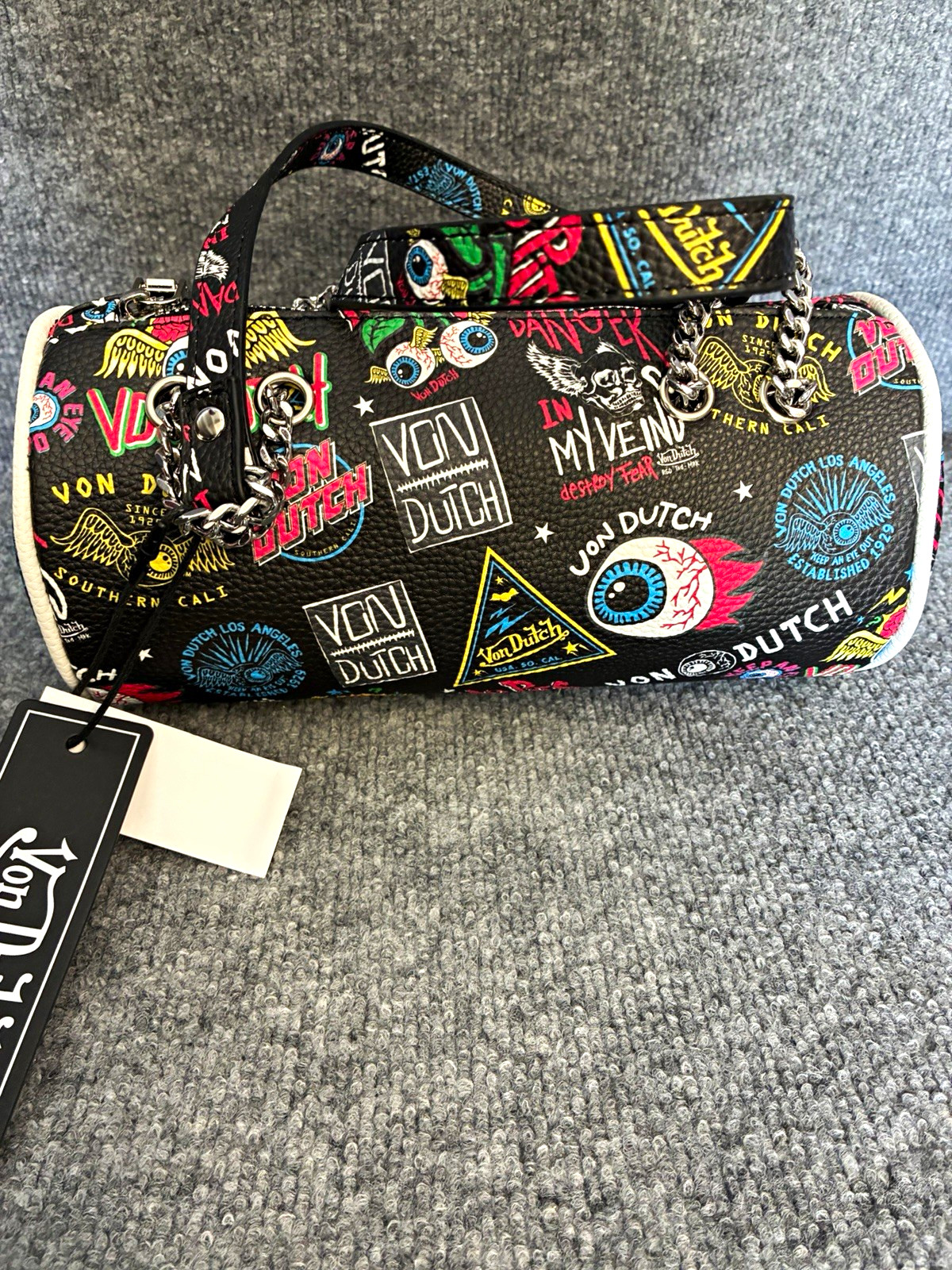 Von Dutch Black/Multicolor Logo Print Cylinder Crossbody Bag Zip Top Chain Strap