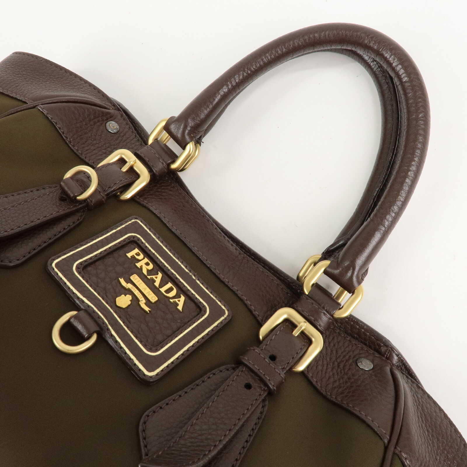 PRADA Logo Hand Bag Kahki Brown Nylon Leather BN1221 Auth Used