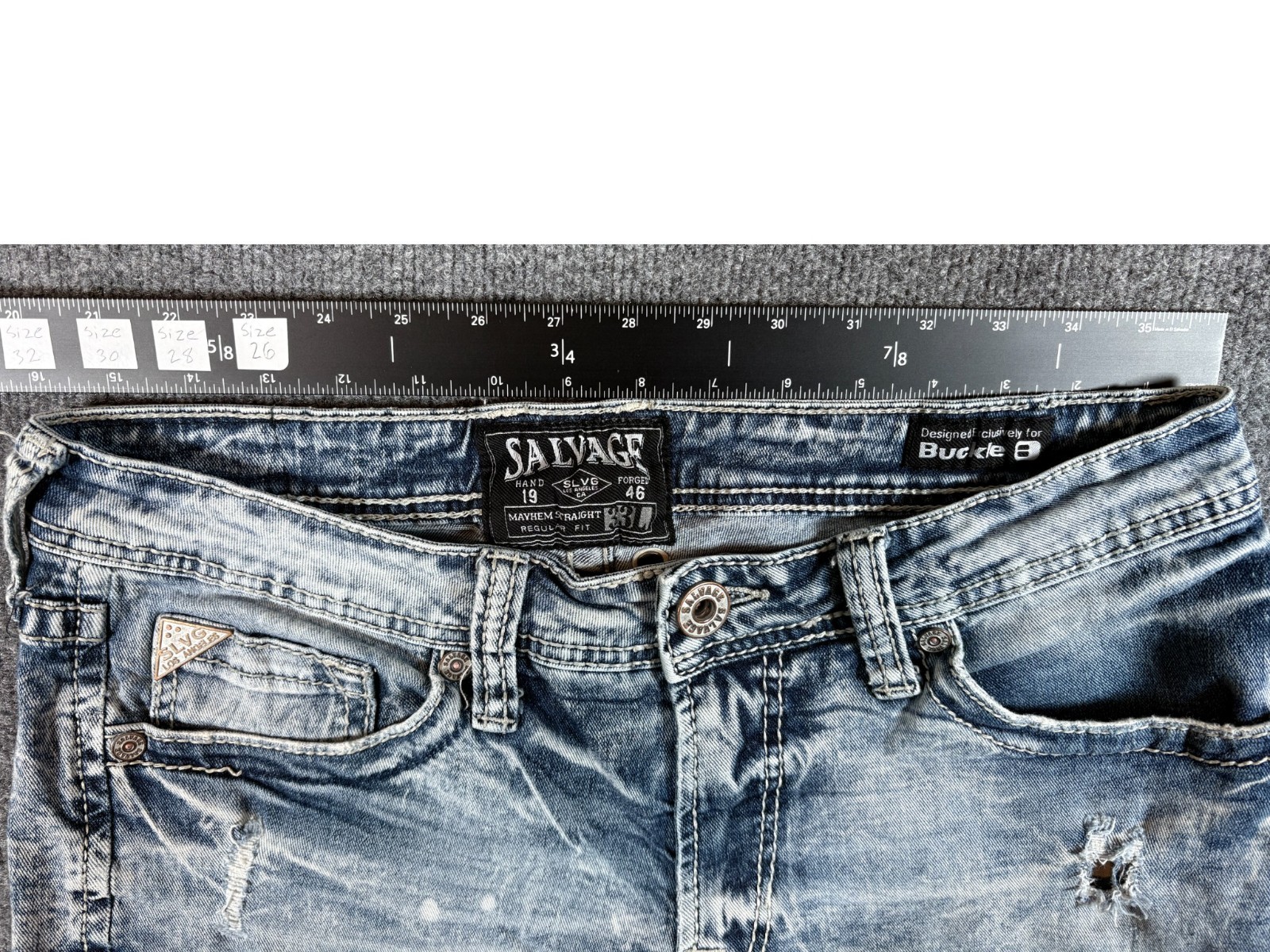 Buckle Salvage Mayhem Straight Jeans Mens 33 Large Blue Regular Fit Distressed