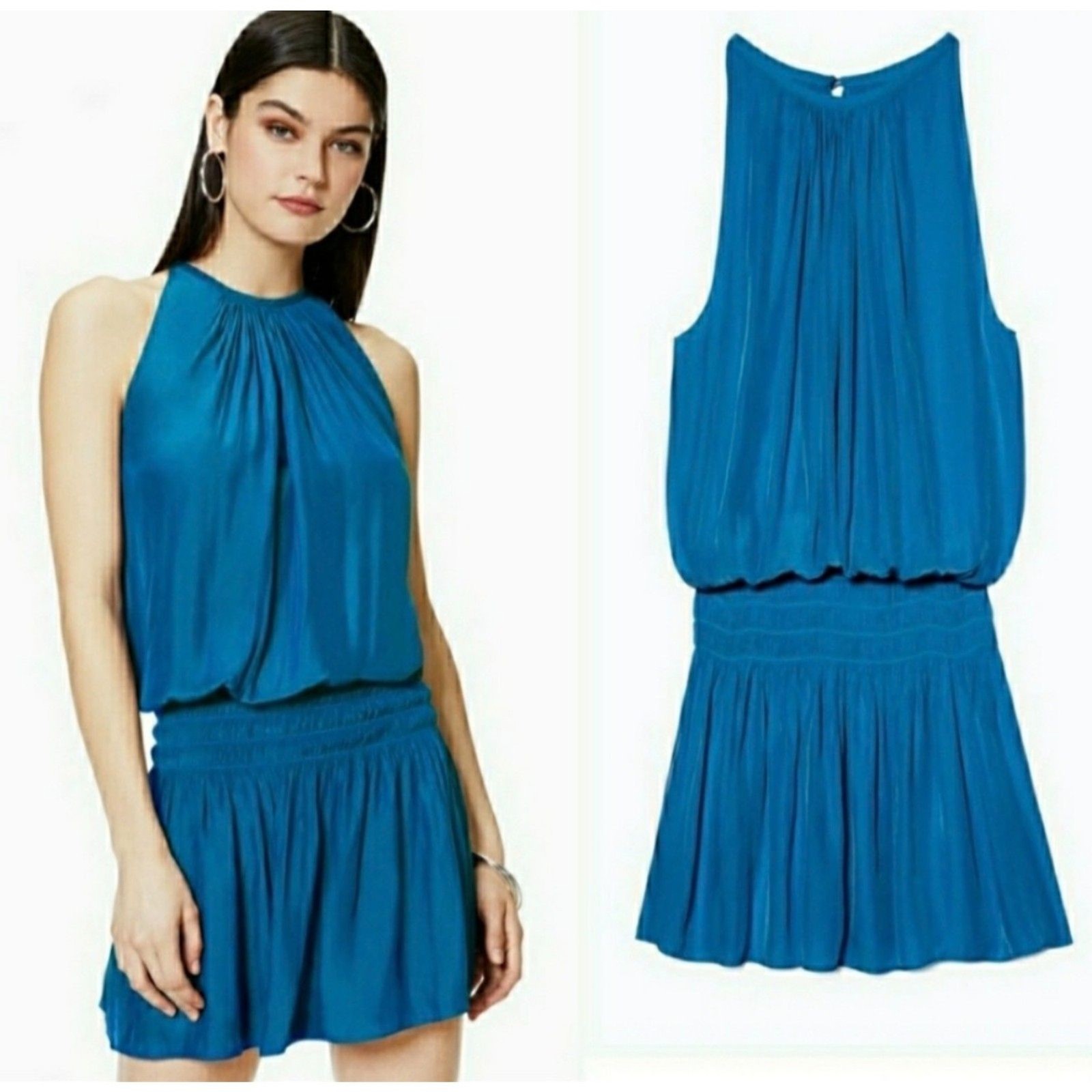 Ramy Brook Paris Smocked Blouson Sleeveless Mini Dress Blue Medium