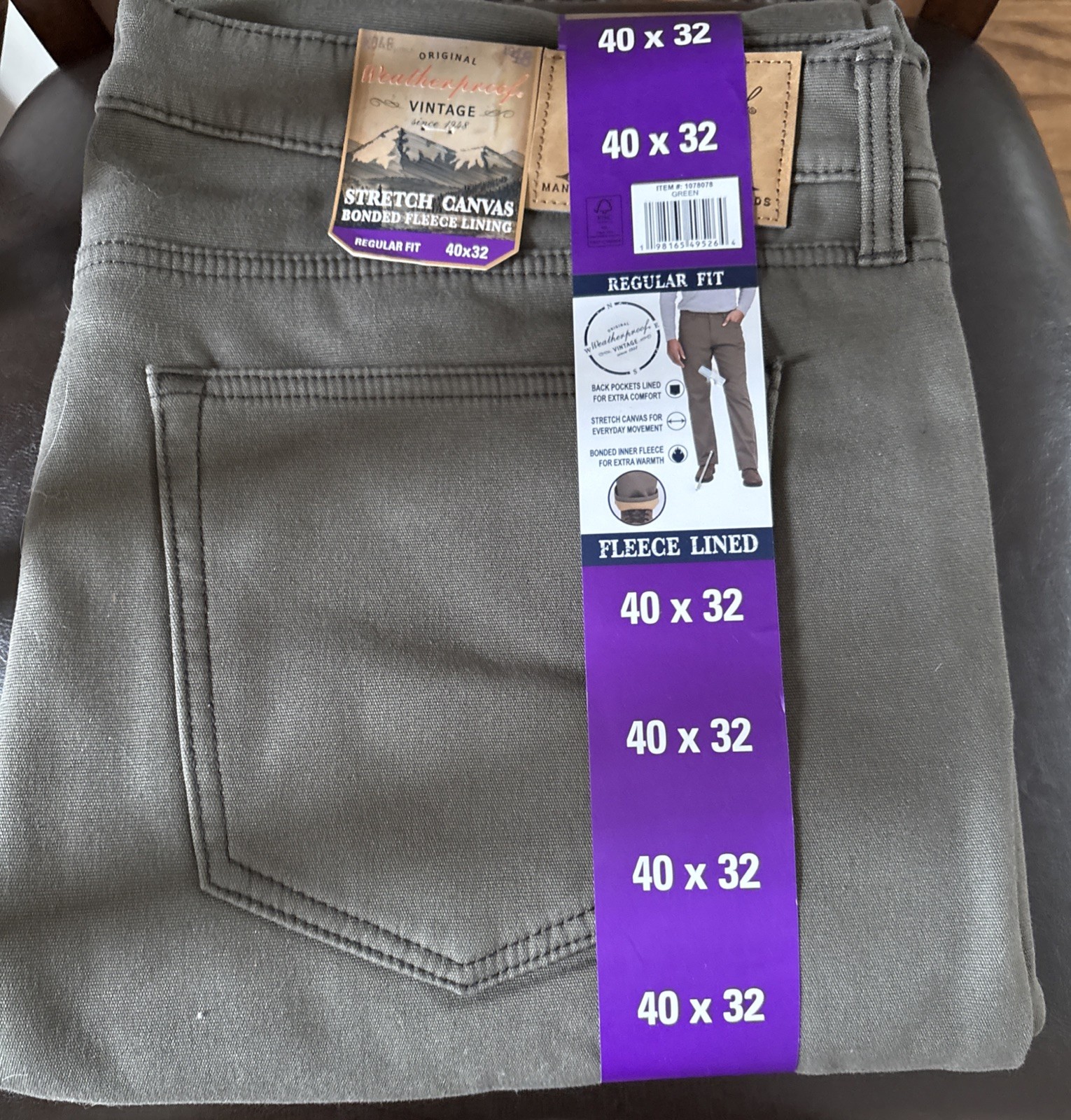 Weatherproof Vintage Men Fleece Lined Pant 40×32 Stretch Canvas Green