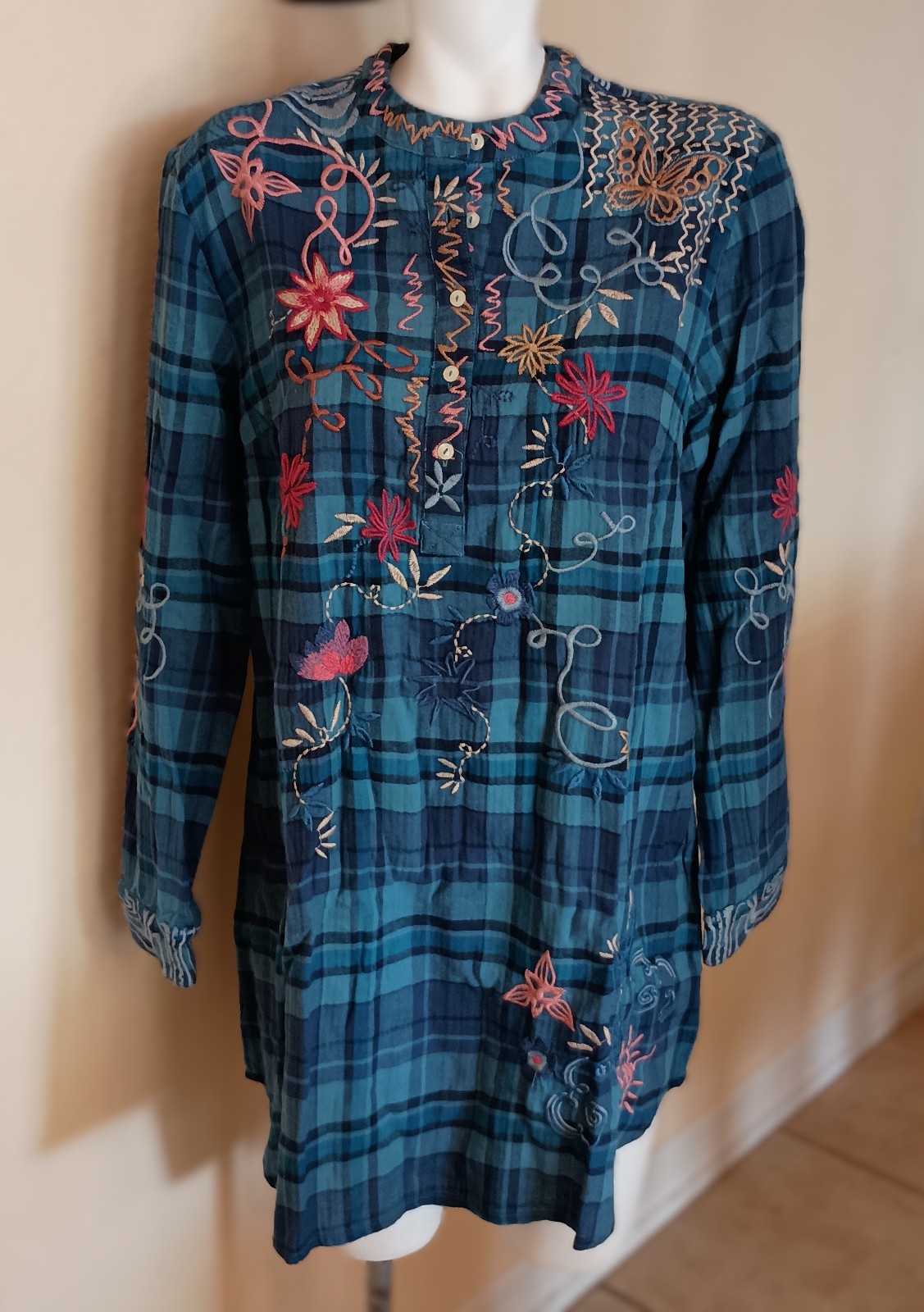 NWT JOHNNY WAS Blue Plaid Embroidered Carmen Henley Shirt Tunic Dress SZ M