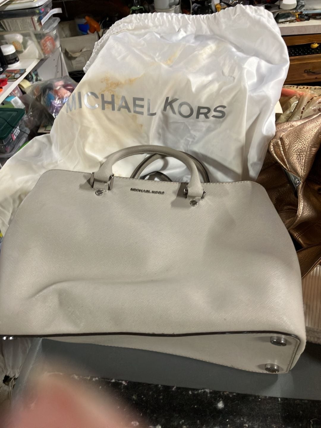 Michael Kors Savannah Large Saffiano Leather Satchel in Cement