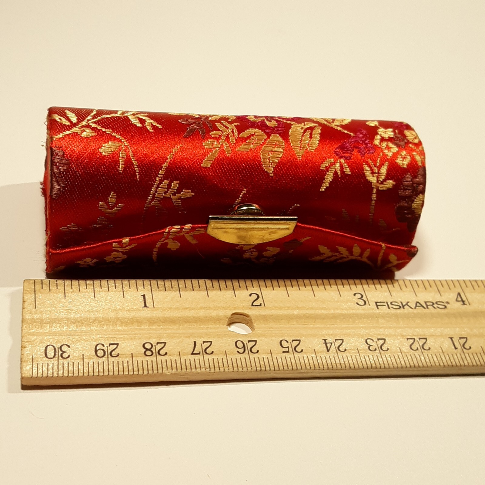 VINTAGE COSMETIC PURSE ACCESSORY SET RED SILK ORIENTAL PRINT + Lipstick Holder