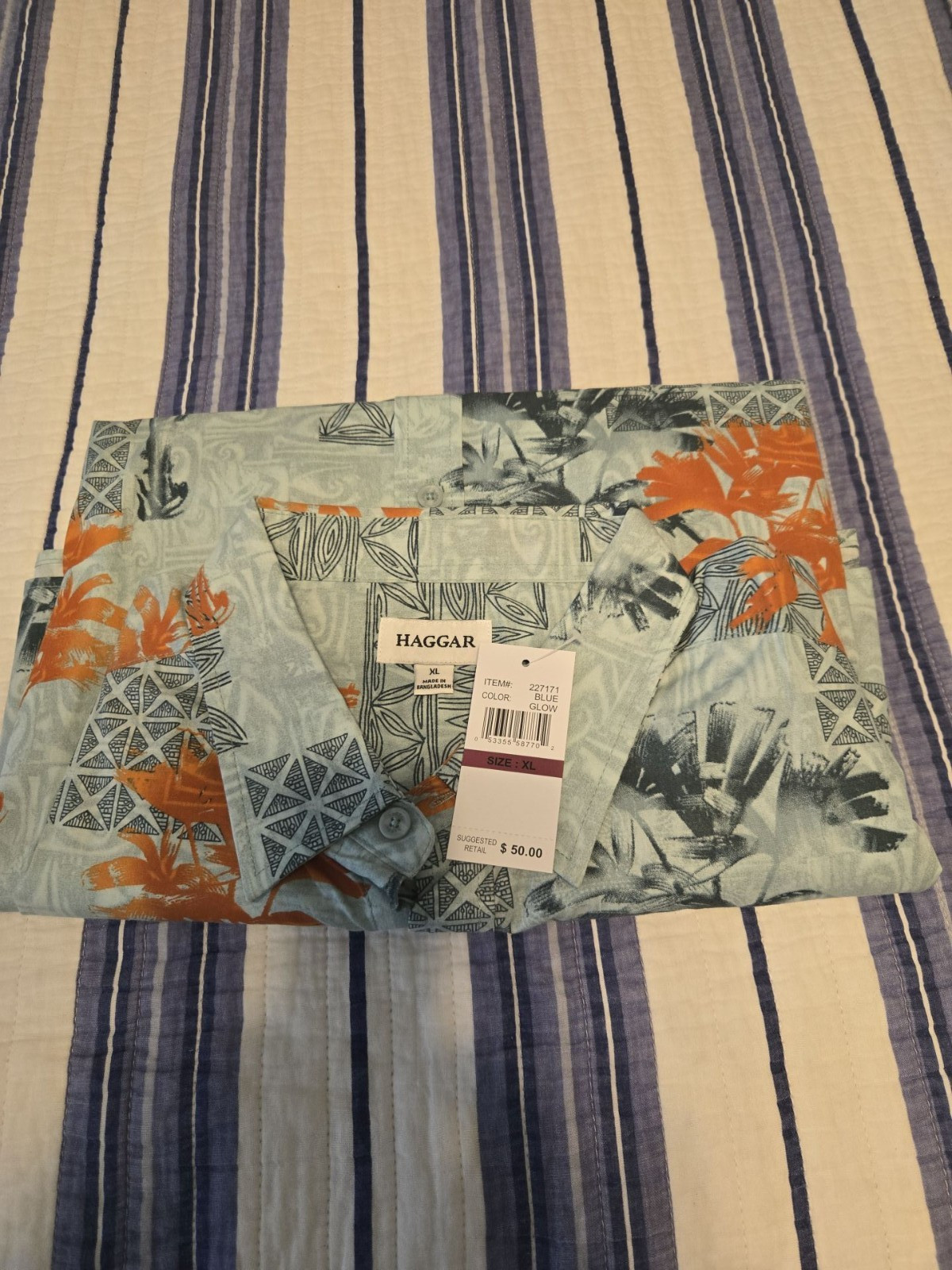 NEW Haggar Blue Glow Hawaiian Tuckless Button Front Short Sleeve Shirt – Size M