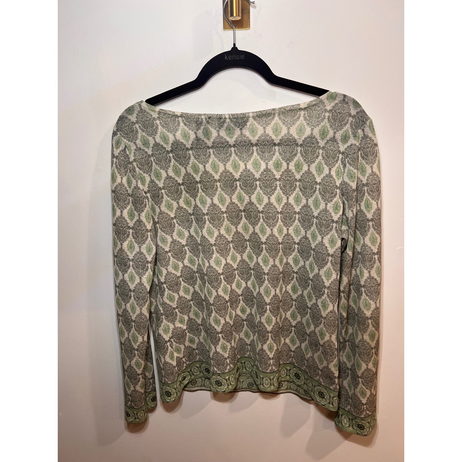Vintage Y2K Boho Peasant Damask Green Long Sleeve Beaded Tassle Top- Large