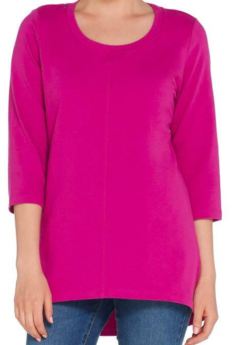 Denim & Co Essentials French Terry 3/4-Sleeve Hi-Low Tunic- Purple Pink, XXS