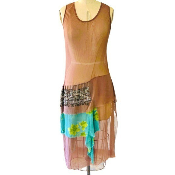 ONE OF A KIND Silk Beaded Mixed Pattern Tunic in Taupe