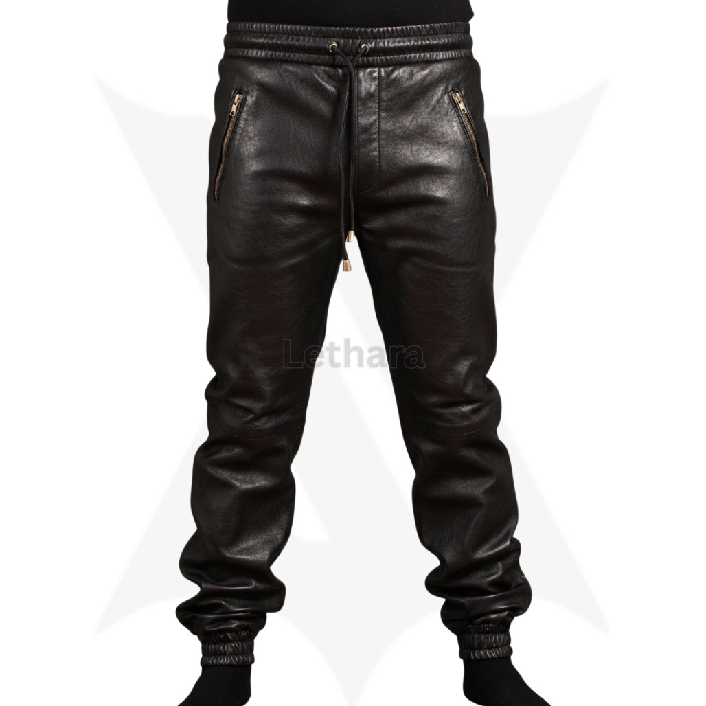 Lambskin Real Leather Joggers Drawstring Pants Men Elastic Waist Trousers