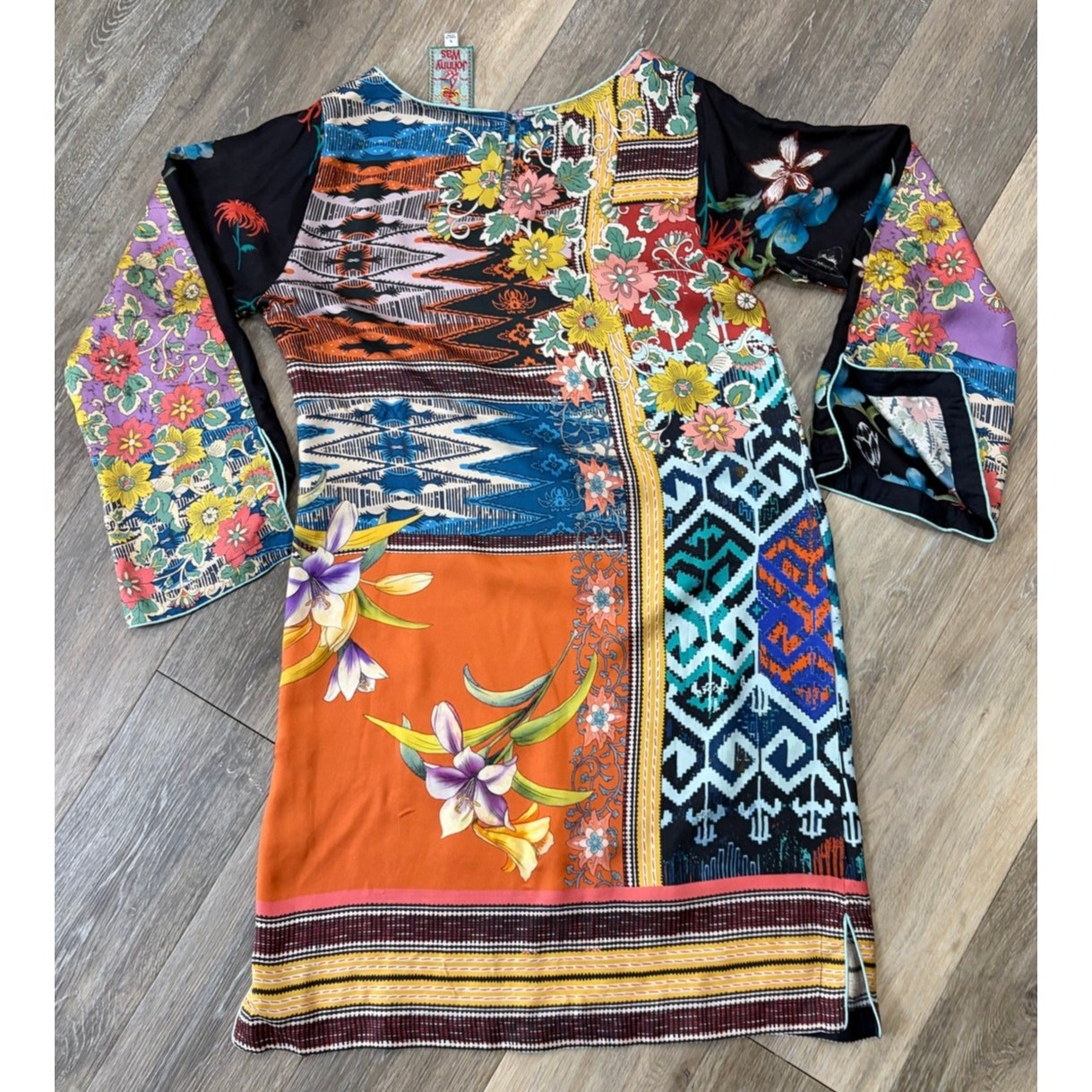 Johnny Was Luna 100% Silk Patchwork Tunic Dress Small Boho Floral Shift
