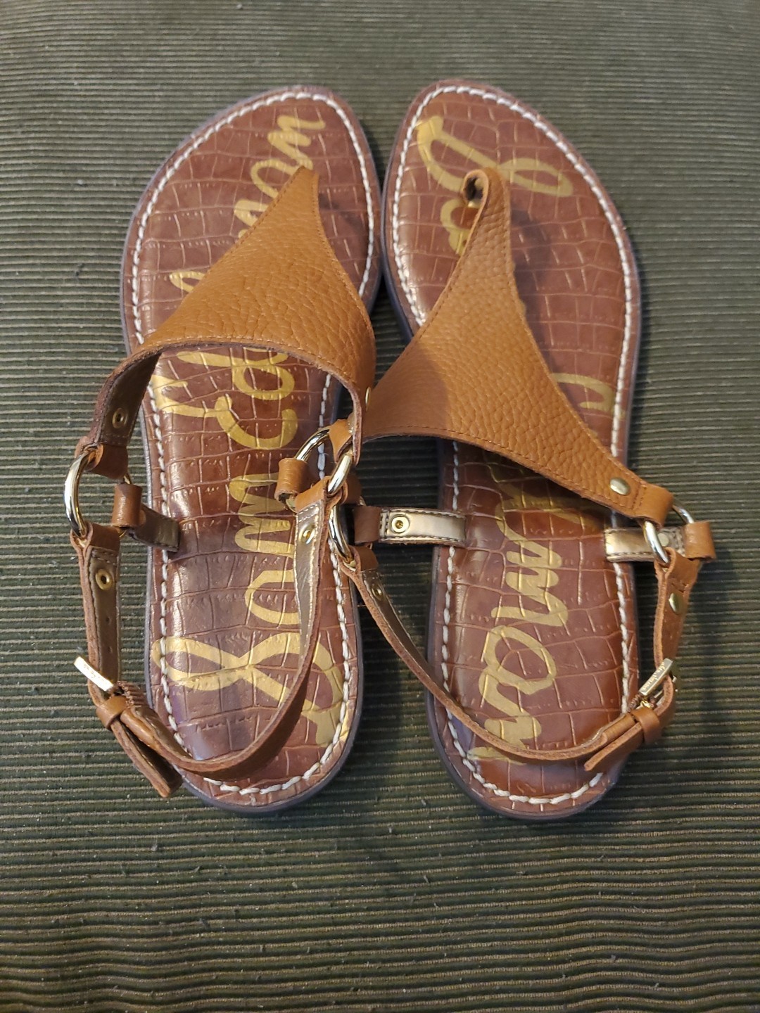 Sam Edelman Greta T-Strap Leather Thong Flat Sandals Brown Sz 9 1/2 M Buckle