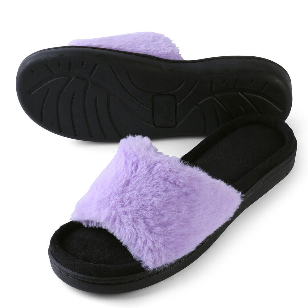 Aerusi Women Fuzzy Comfy Slide Open Toe Memroy Foam Slippers House Bedroom Shoes
