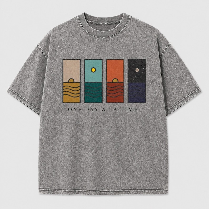 One Day At A Time Acid Wash T-Shirt, Oversized Vintage Graphic Tee, Minimalist