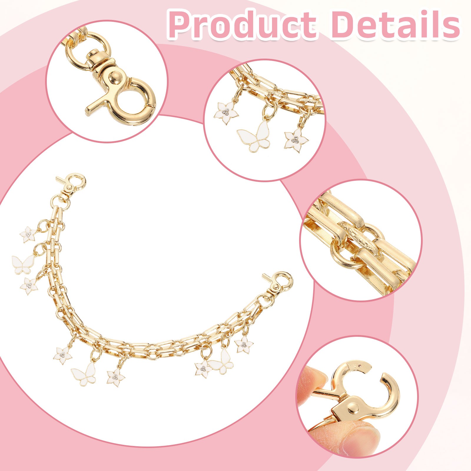 1Pcs 10″ Flowers Butterfly Pendant Handbag Chain Strap, White