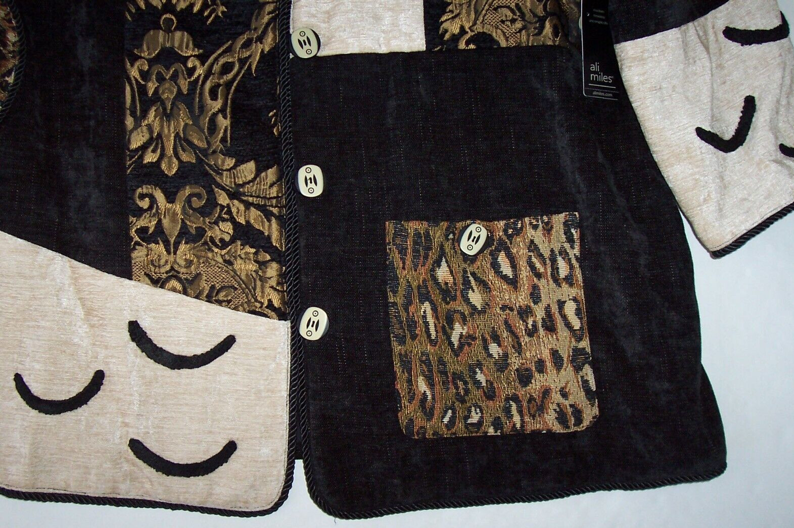 NWT Ali Miles Black/Brown/Beige MIXED TEXTURE Button Jacket L LEOPARD/Chenille