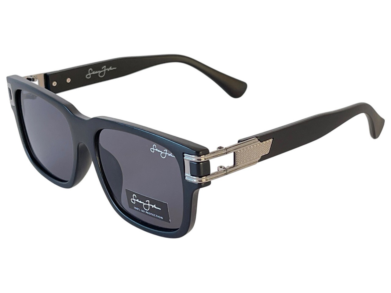 Sean John Matte Black & Silver Designer Sunglasses Dark Grey Tint UV Lenses NWT