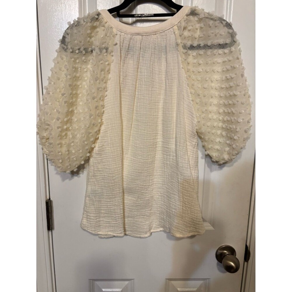 Umgee Cream Textured Puff-Sleeve Blouse Boho Chic Gauze Size Small