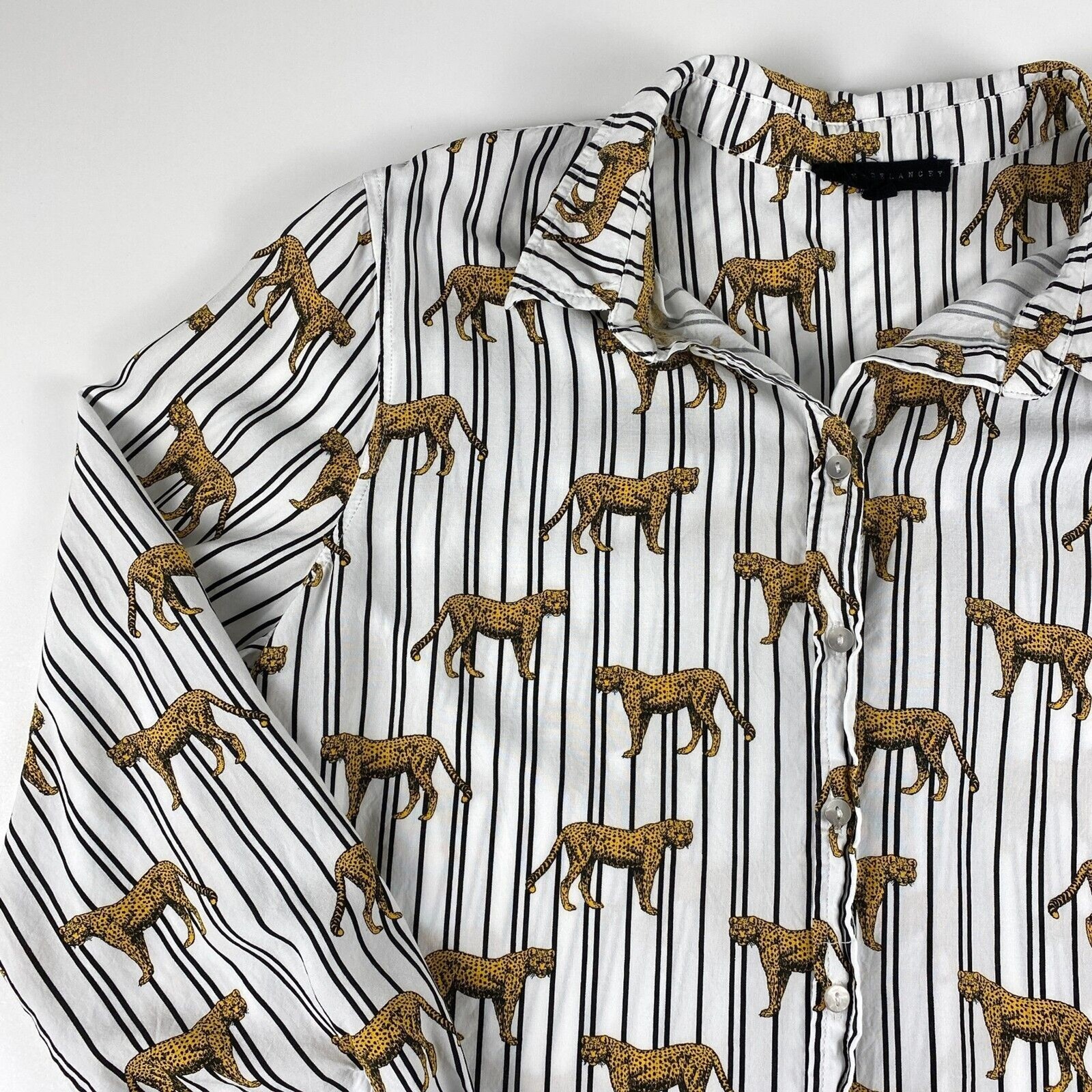 Jane & Delancey Striped Cheetah Blouse Button Up Roll Tab Sleeve Novelty Sz XL