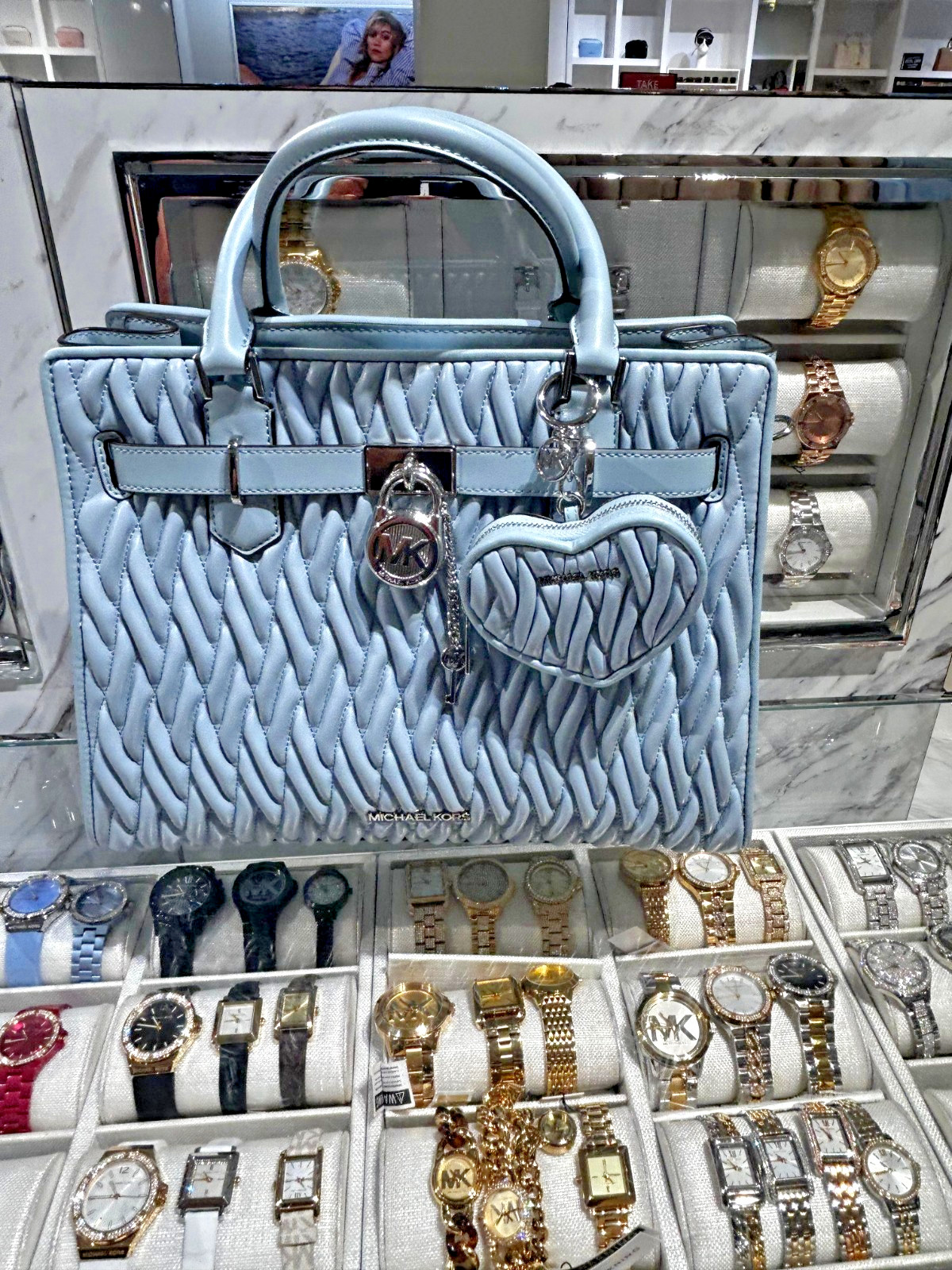 Michael Kors Hamilton Women Medium Matelassé Satchel Bag + Coin Purse Pale Ocean