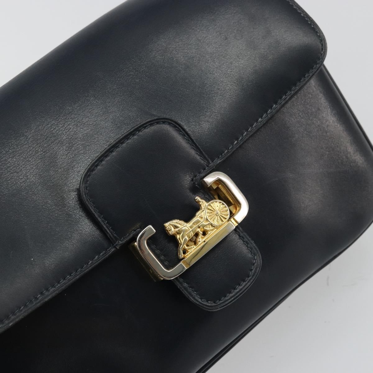 CELINE Horse Carriage Shoulder Bag Leather Navy Gold Auth YKZ1109