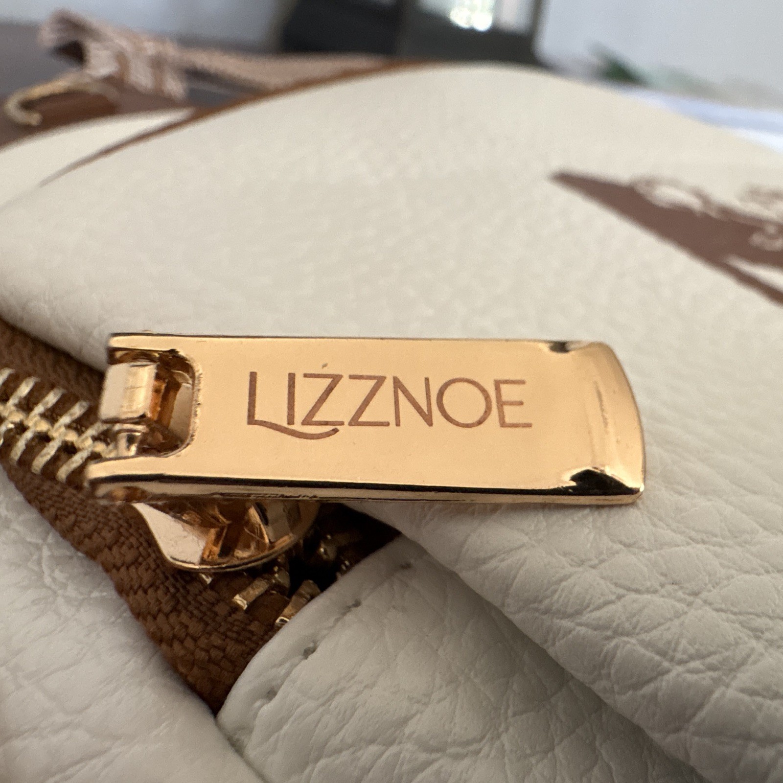 LIZZNOE White Pebbled Sling Crossbody Bag Gold Zip Brown Strap Initial A