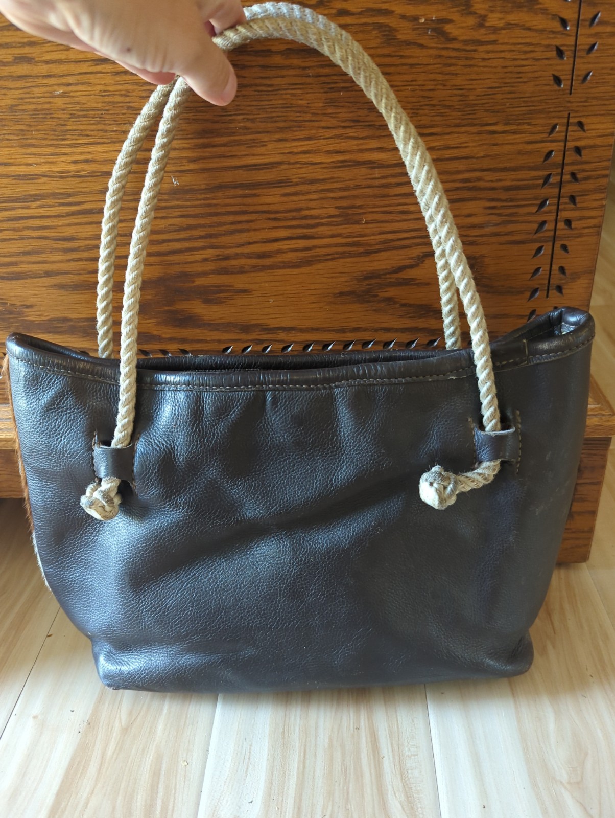 Vtg Cowhide Brown and White Leather Bag Rope Handle Western Very Unique Handmade