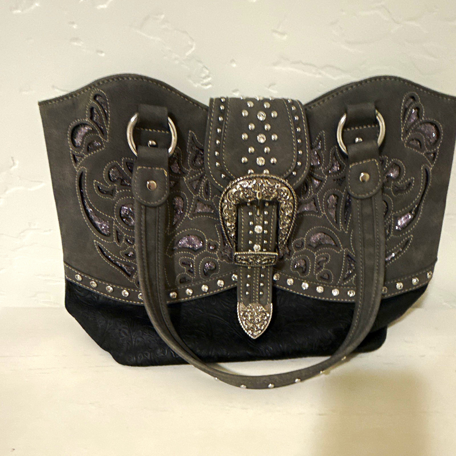 American Bling Gray/Black Studded Buckle Shoulder Bag Zip Pockets Silver HW