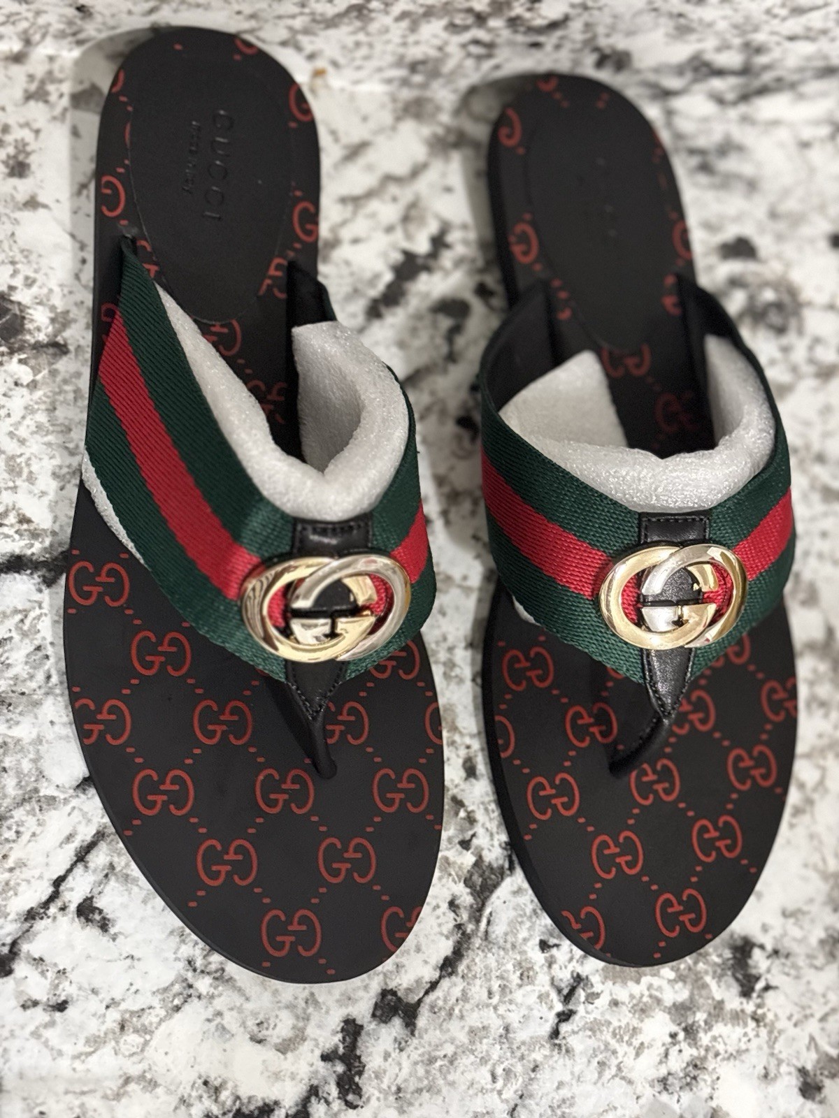 Gucci GG Logo Thong Sandals Black Red/Green Stripe Leather Slip-On EU 36/ US 4