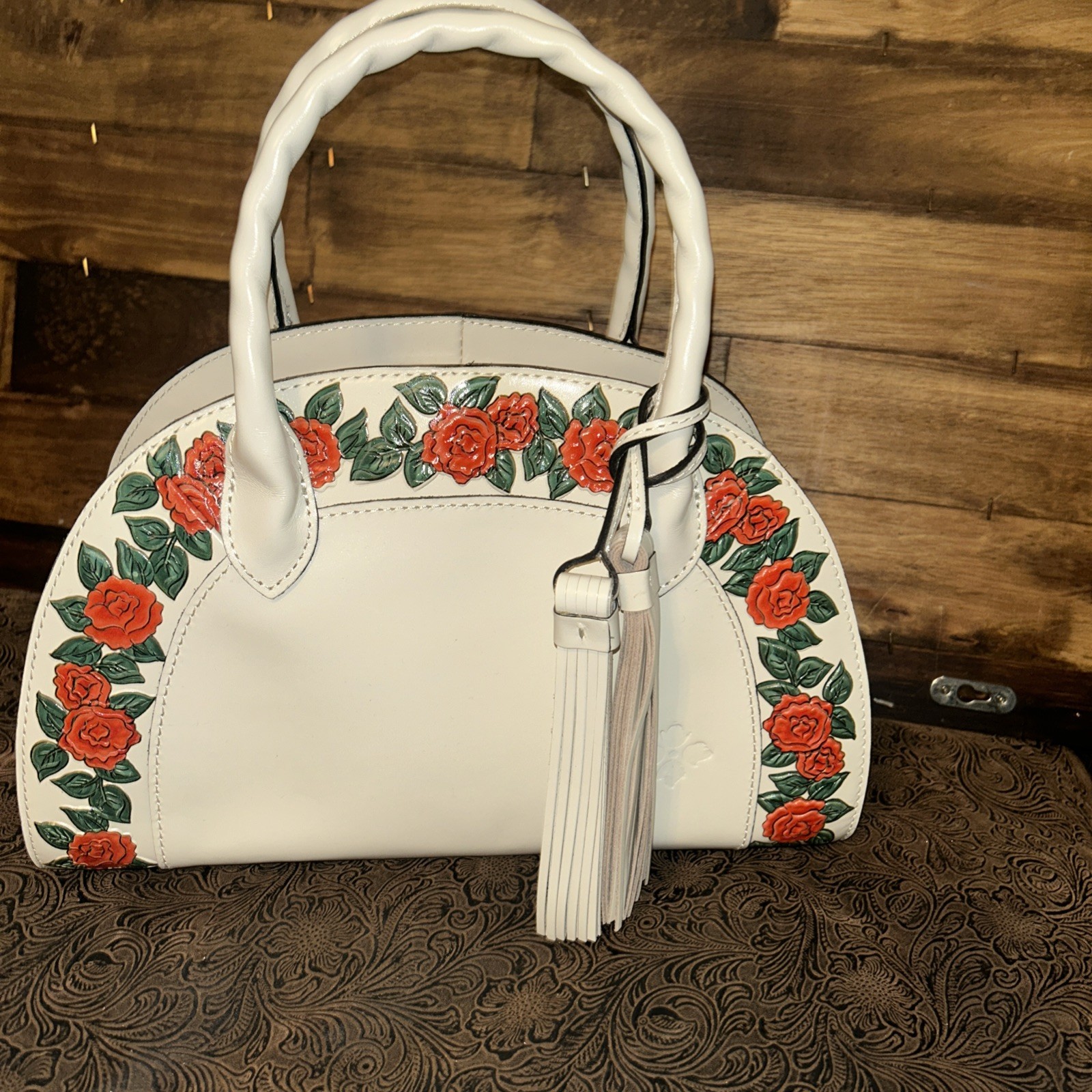 Patricia Nash Angelini White Leather Domed Satchel Rose Embroidered W Tassels