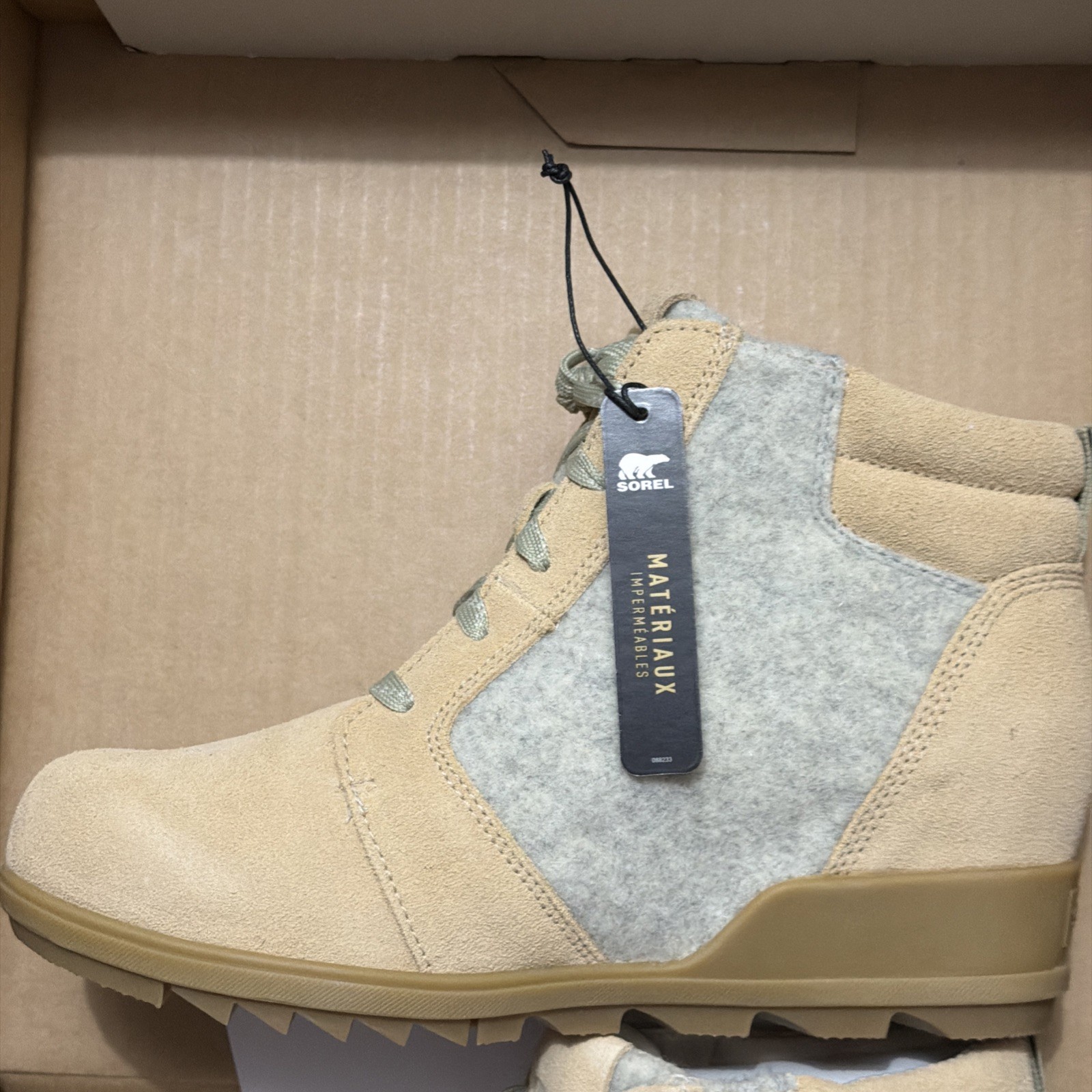 Sorel Women’s Evie Ankle Lace Bootie Tan Suede Gray Felt Sz 8.5