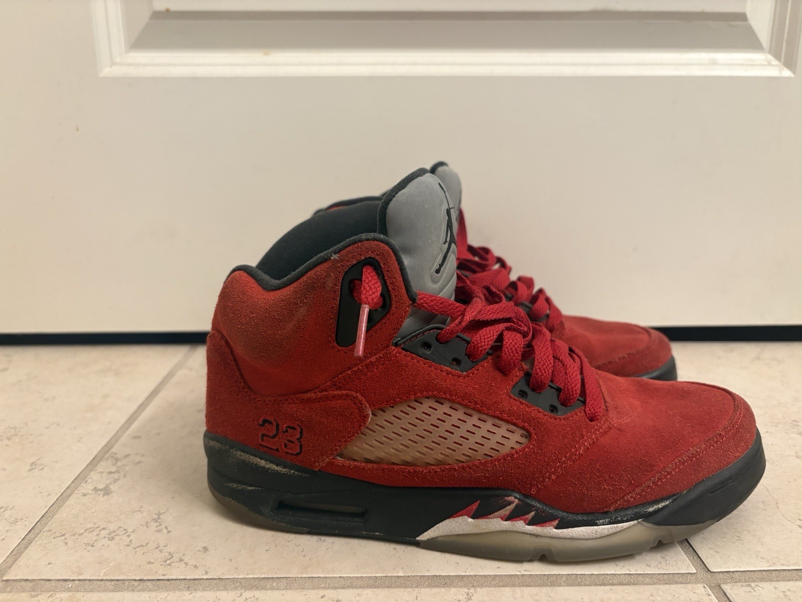 Jordan Air Jordan 5 Red/Black/Gray Suede Mid Top Basketball Sneakers Lace Up