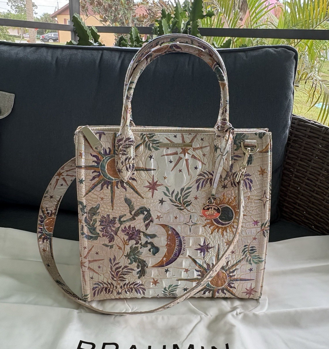 Brahmin Embossed Floral Celestial MoonSatchel Top Handle Gold Detachable Strap
