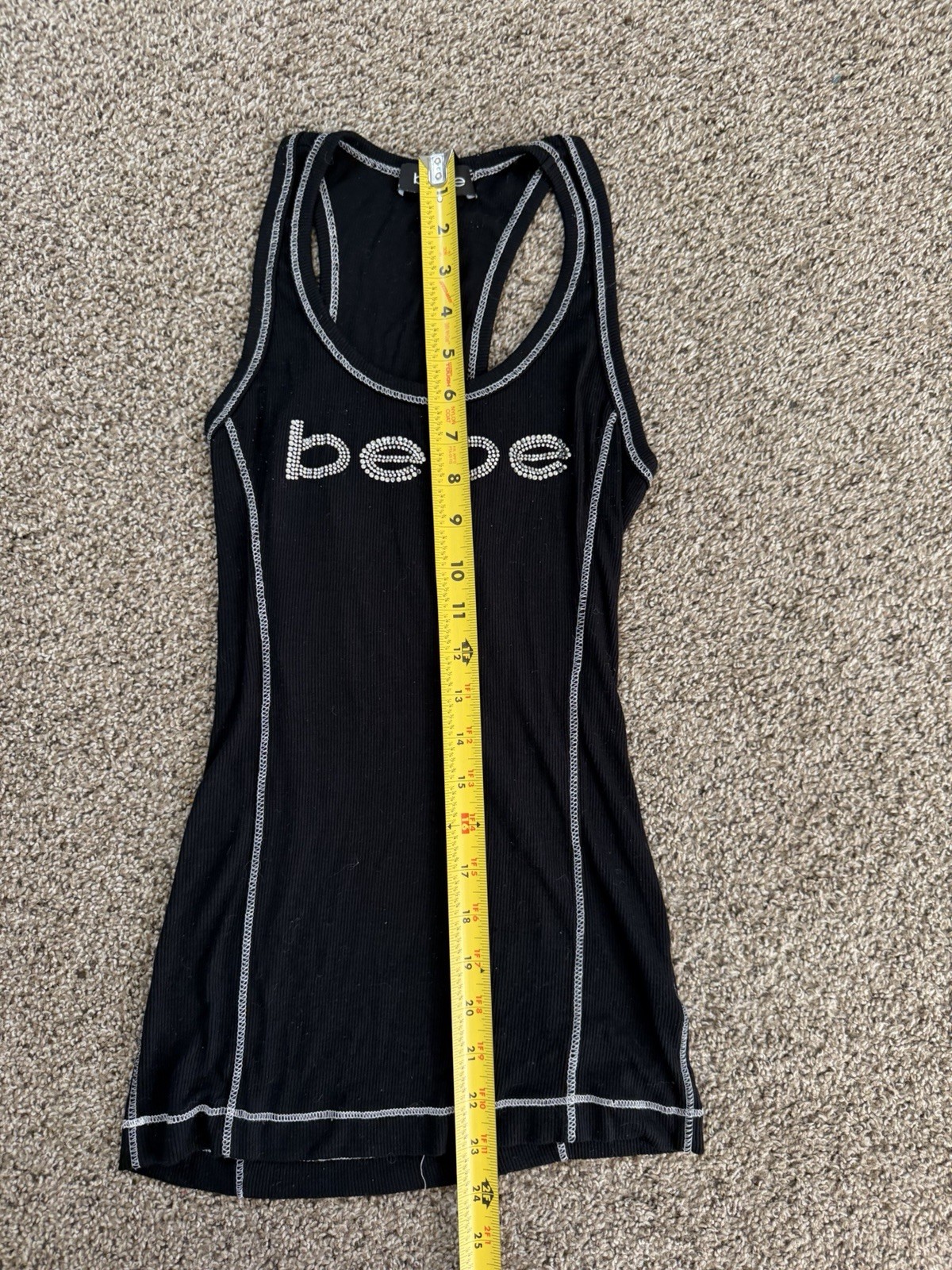 bebe Women’s M Black Ribbed Rhinestone Logo Scoop Neck Racerback Tank Top